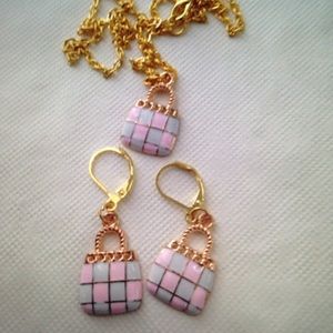Pink Plaid Enamel Purse Necklace and Earrings Set